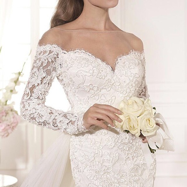 Sheath, Low Shoulder and Lace Wedding Dress M-1290