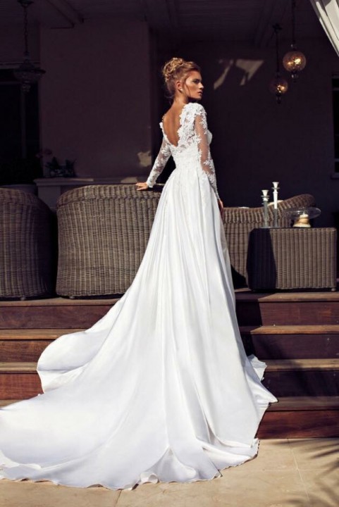 A-Line, Sleeves and Backless, Lace Back, V Back, Back Details Wedding Dress M-1347