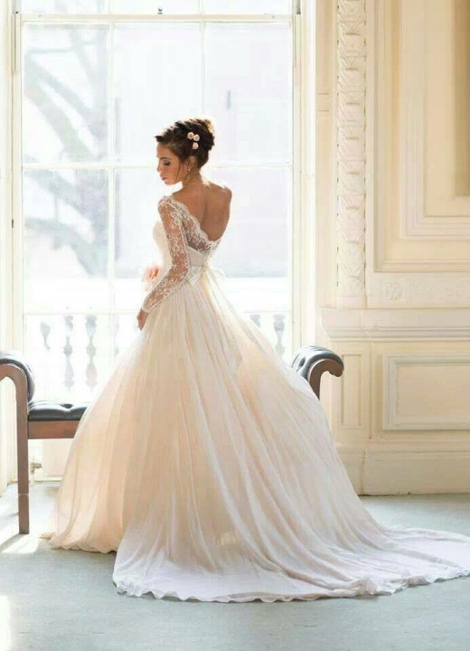 A-Line, Sleeves and Backless, Lace Back, V Back, Back Details Wedding Dress M-1348