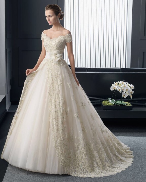 A-Line, Lace and Low Shoulder Wedding Dress M-1467