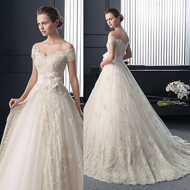 A-Line, Lace, Low Shoulder and Backless, Lace Back, V Back, Back Details Wedding Dress M-1470