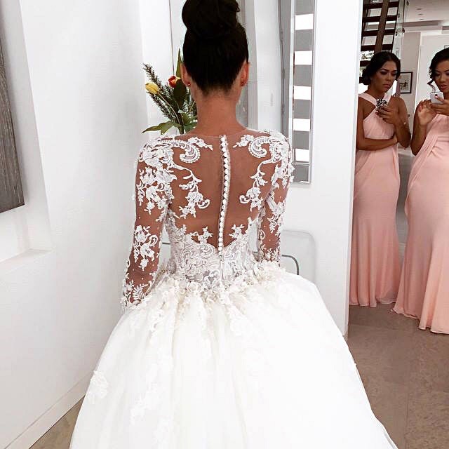 Ball Gown, Lace, Illusion - Sheer and Backless, Lace Back, V Back, Back Details Wedding Dress M-1477