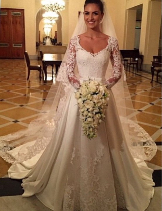A-Line, Sleeves, Veil, Strapless Sweetheart and Lace Wedding Dress M-1596