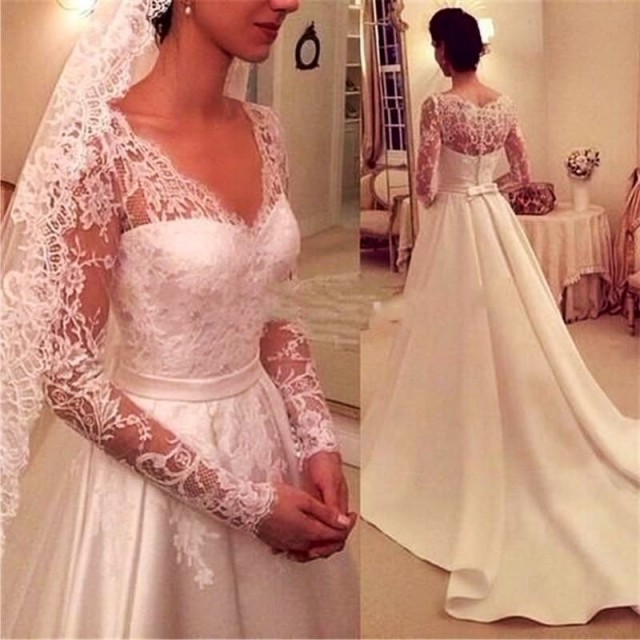 A-Line, Sleeves, Veil and Lace Wedding Dress M-1626