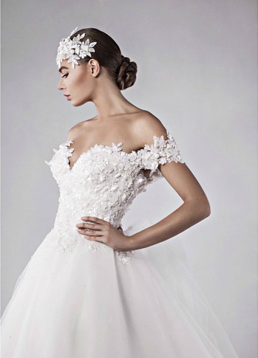 Ball Gown, Low Shoulder and Pearls - Crystal Stones on Wedding Dress M-1629