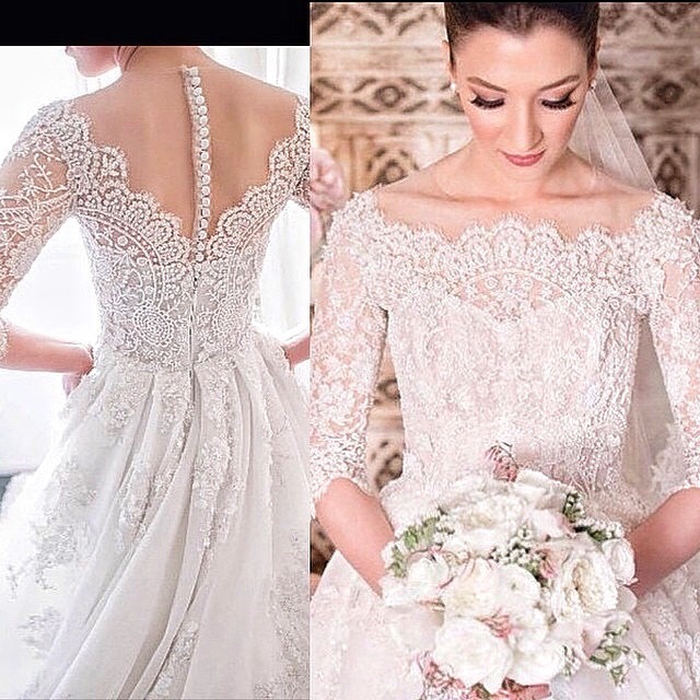 A-Line, Sleeves, Lace and Backless, Lace Back, V Back, Back Details Wedding Dress M-1651