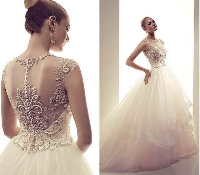 Ball Gown, Fluffy, Illusion - Sheer and Pearls - Crystal Stones on Wedding Dress M-1658