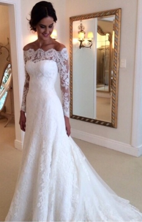 A-Line, Off The Shoulder, Sleeves and Lace Wedding Dress M-1675