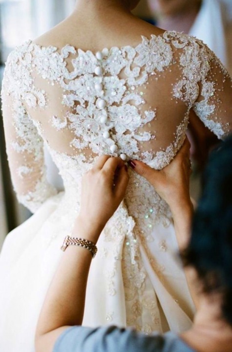 Backless, Lace Back, V Back, Back Details, Illusion - Sheer and Pearls - Crystal Stones on Wedding Dress M-1827