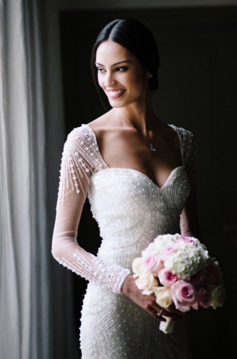 Sheath, Strapless Sweetheart and Pearls - Crystal Stones on Wedding Dress M-1845