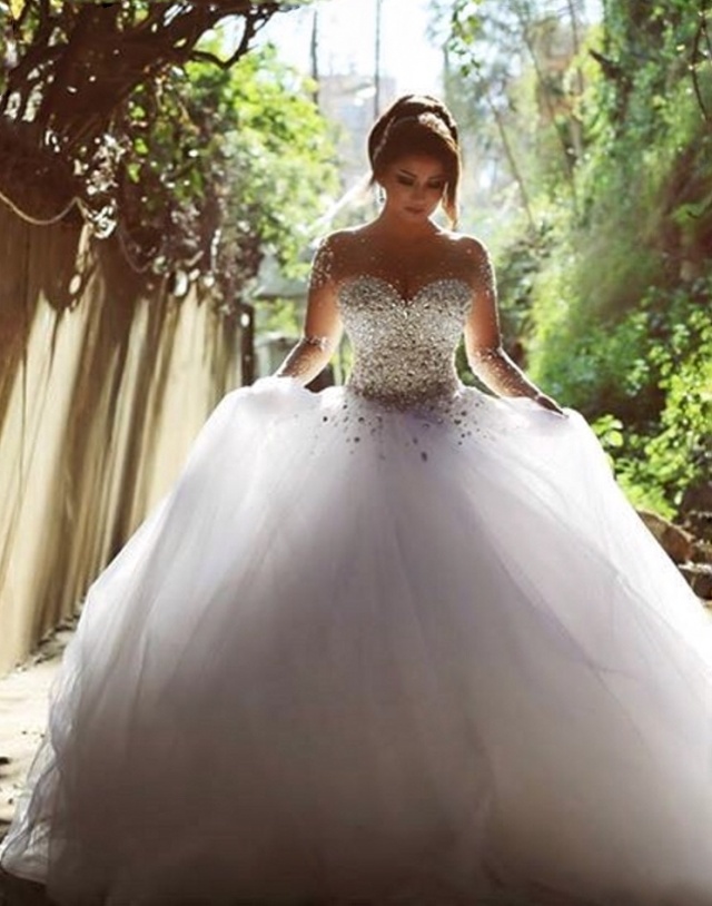 Ball Gown, Fluffy, Pearls - Crystal Stones on, Strapless Sweetheart and Tulle Wedding Dress M-2029