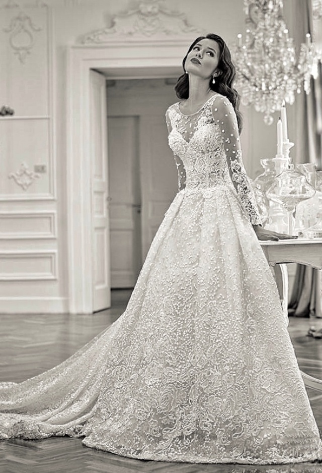 A-Line, Sleeves and Illusion - Sheer Wedding Dress M-2118