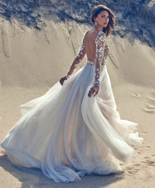 Backless, Lace Back, V Back, Back Details, Tulle and Sleeves Wedding Dress M-2193