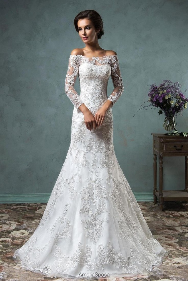 Sleeves, Off The Shoulder, Lace and Say Yes to This Wedding Dress Wedding Dress M-2224