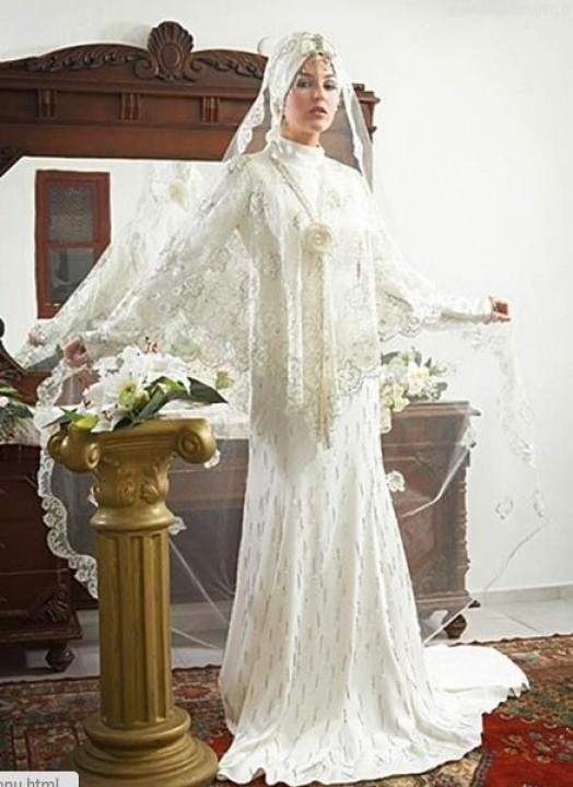 Sheath, Sleeves and Hijab Wedding Dress M-1077
