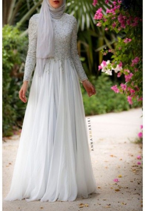 Sheath, Sleeves and Hijab Wedding Dress M-1213