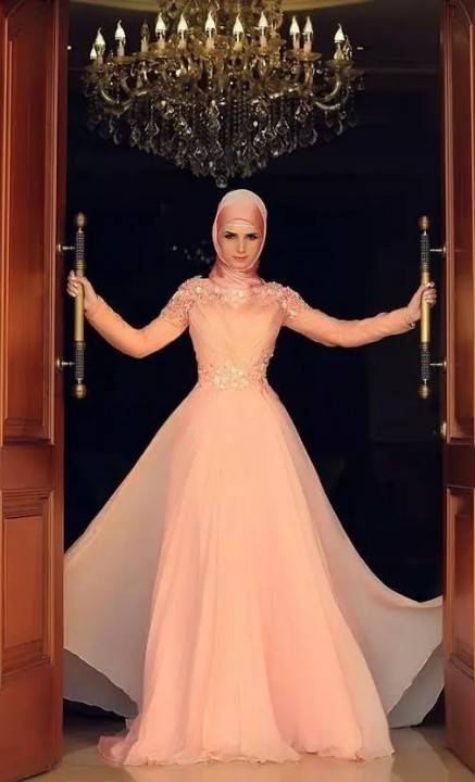 A-Line, Sleeves, Hijab and Evening Gowns Wedding Dress M-1232