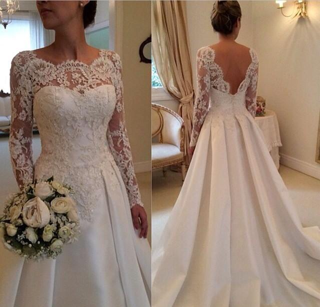 A-Line, Sleeves, Lace and Backless, Lace Back, V Back, Back Details Wedding Dress M-1106