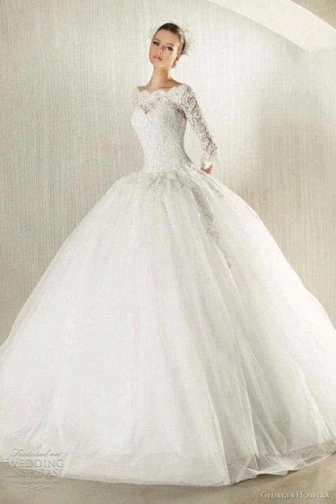 Ball Gown, Lace, Sleeves and Off The Shoulder Wedding Dress M-1424