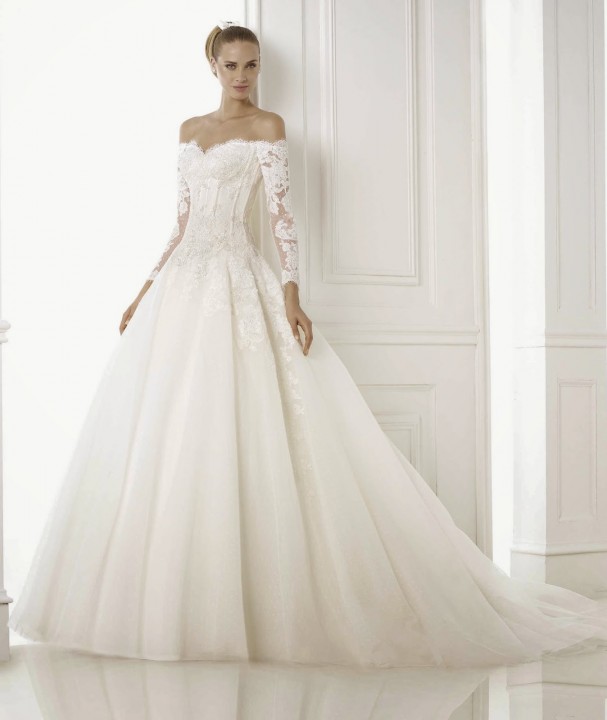 A-Line, Sleeves and Low Shoulder Wedding Dress M-1462