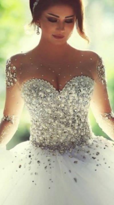 Ball Gown, Strapless Sweetheart, Pearls - Crystal Stones on and Tulle Wedding Dress M-1577